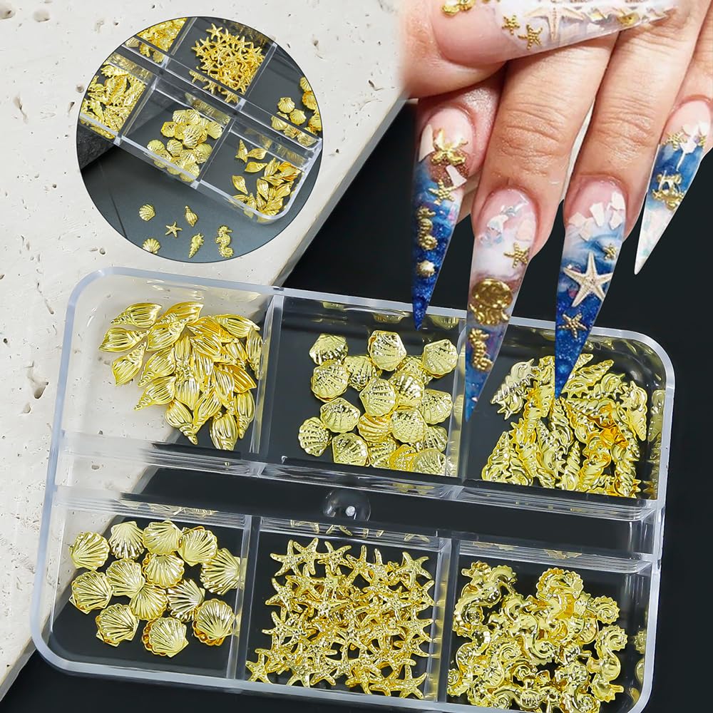 Gold Nail Charms, 2Boxes Gold Star Ocean Nail Gems Charms, Metal Small Star Moon Seashell Starfish Summer Charms for Acrylic Nai