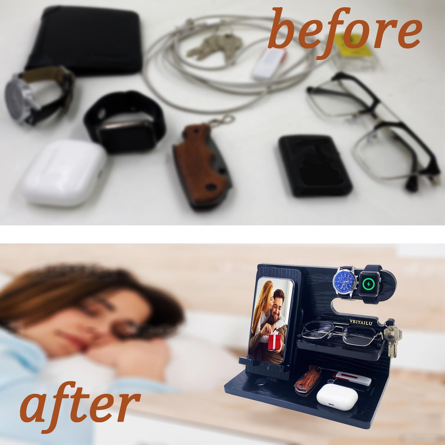 VEIYAILU Gifts for Dad Men Mom Women from Daughter Son Birthday Gifts Nightstand Organizer Mens Wood Phone Docking Station (Black)