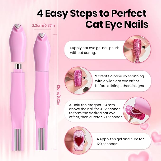 Beetles Cat Eye Magnet for Nails - 3 in 1 Nail Magnet for Cat Eye Gel Nail Polish Heart/French/Stripe/Glass Bead/Side Light/Wide Light Effect Magnetic Nails Art Tools Home DIY Salon Manicure Design