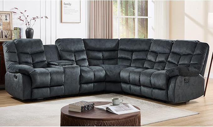 EBELLO Manual Reclining Sectional Sofa Set for Living Room, Soft Fabric Recliner Corner Sectional Couch with Center Console, Cup Holder and Storage, Grey