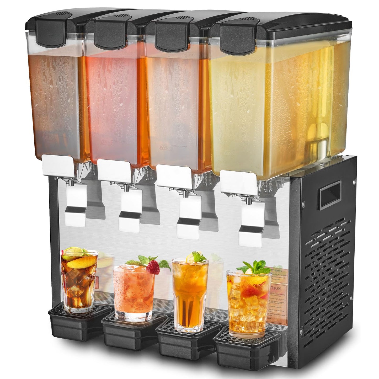 VEVOR Commercial Beverage Dispenser, 4 Tanks 10 L / 10.6 QT Per Tank Juice Dispenser, 430W Stainless Steel Ice Tea Drink Machine with 45°F-54°F Cooling Temperature, for Cold Drink Restaurant Bar Party