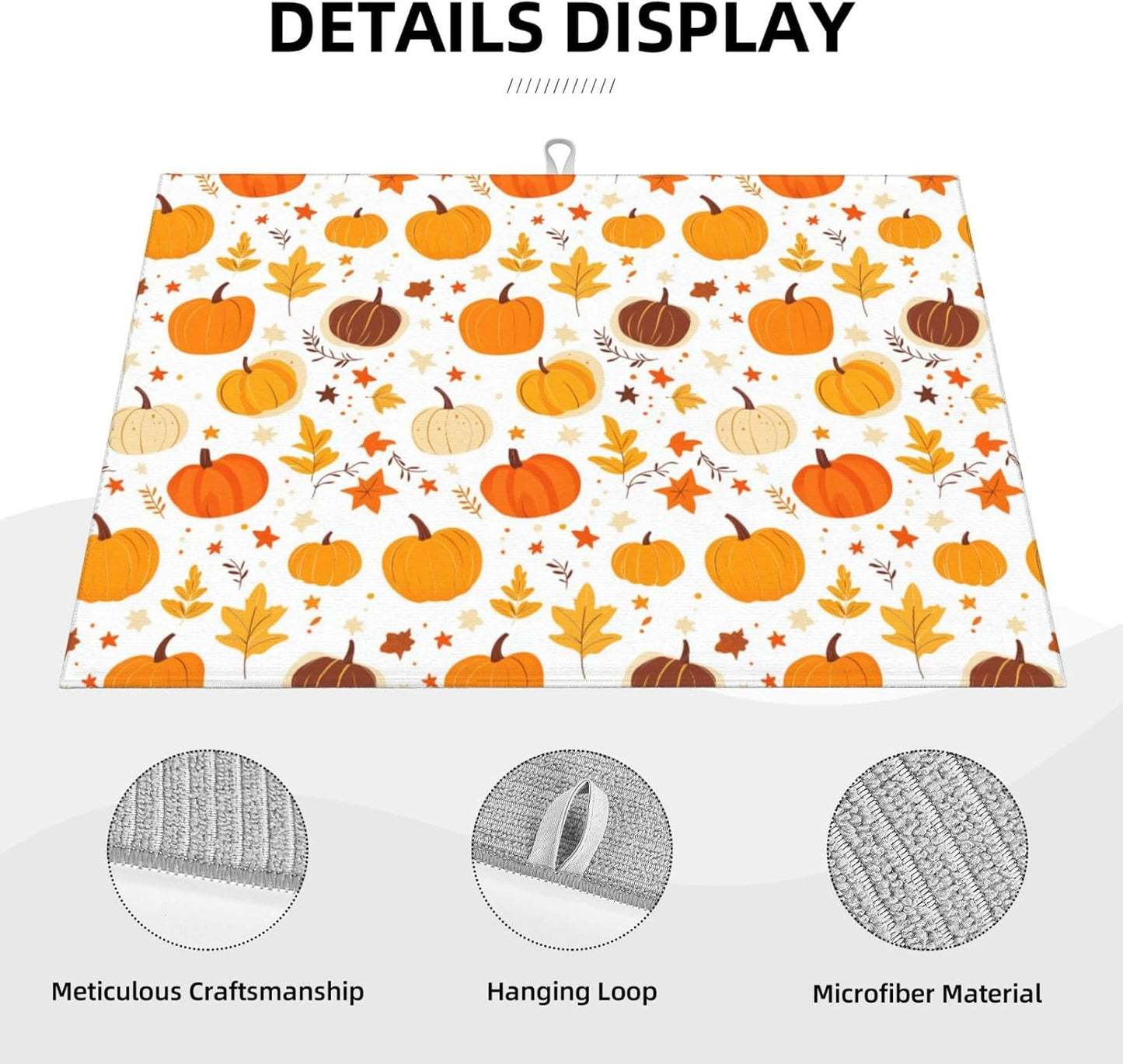 Dish Drying Mat for Kitchen Pumpkin Leaf Fall Thanksgiving Counter Absorbent Dishes Drainer Microfiber Large 18x24 Inch