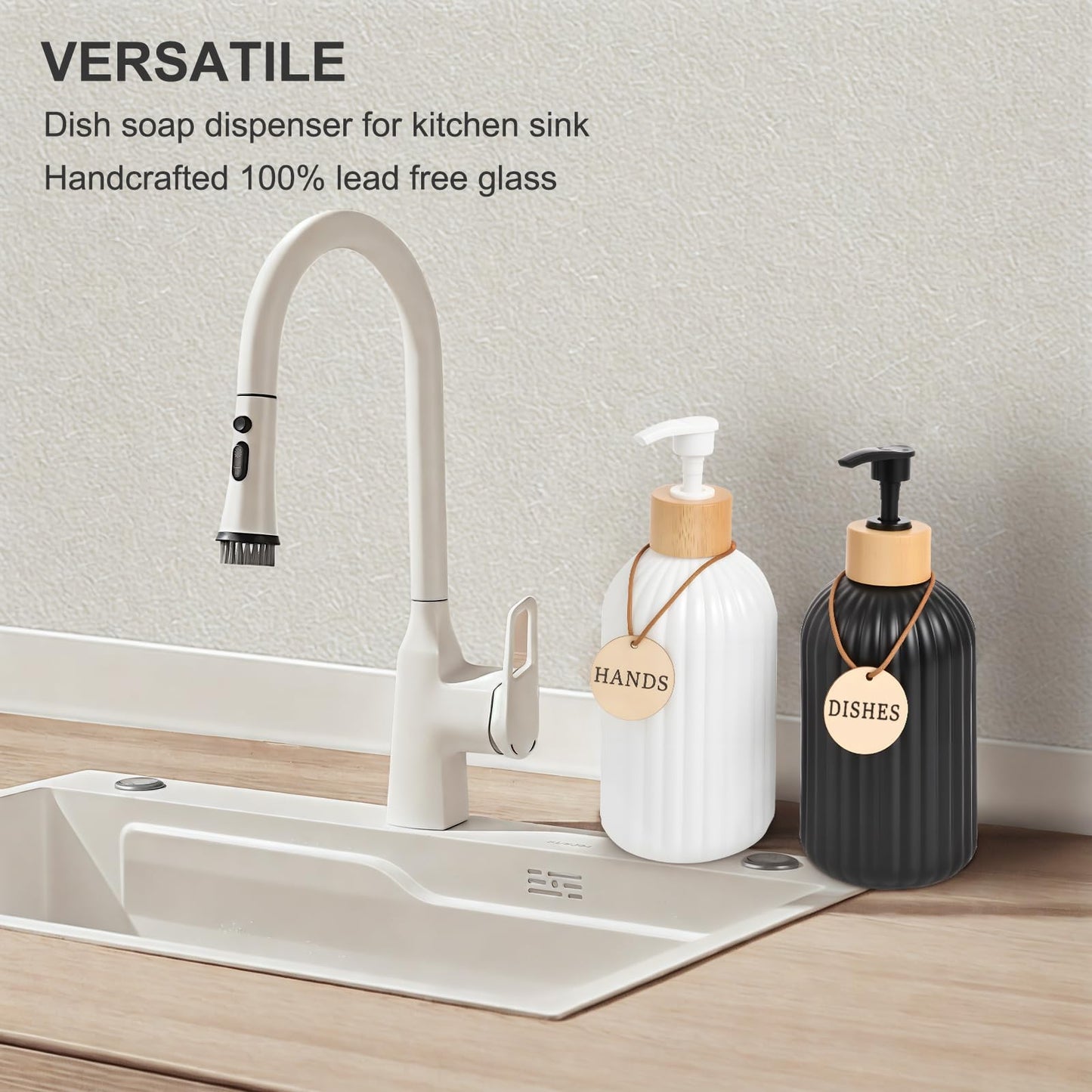 2 Pack ViserVita Glass Hand Soap Dispenser Set with Bamboo Pump, Elegant Refillable Liquid Dish Soap Dispenser, Perfect for Kitchen Sink and Bathroom Decor