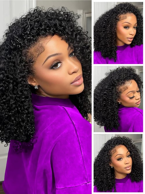 Fayniss Kinky Curly Half Wig Human Hair 3 In 1 Seamless Flip Over Half Wigs Human Hair Glueless Wear and Go 220 Density Beginner Friendly Drawstring Headband Wig for Women (KC Half Wig, 16 Inch)