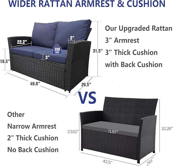 FHFO 4 Piece Outdoor Patio Furniture Set,Wicker Conversation Sets Outdoor Sectional Patio Sofa Couch with Cushions & Coffee Table for Outside, Garden, Balcony, Porch,Black/Blue
