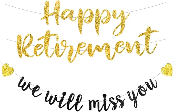 Pre-strung Happy Retirement & We will miss you Banner, Pre-strung on 8 ft Strand Black Gold Glitter Retirement Party Decor...