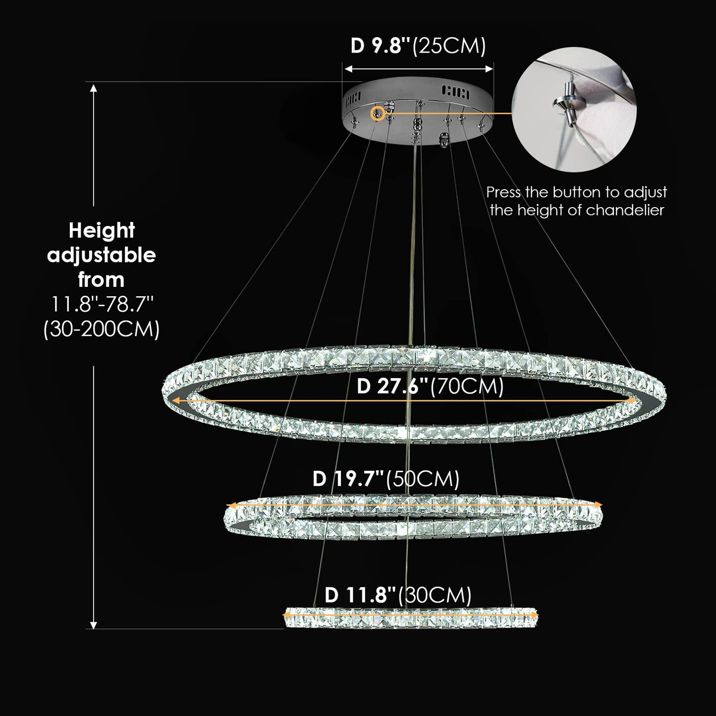 Siljoy LED Chandelier, Modern Ceiling Light Fixture with 3 Crystal Chandelier Lighting Rings, DIY & 3-Color Changing 3 Rings Adjustable Chandeliers for Living Room Dining Room Kitchen, D 12"-20"-28"
