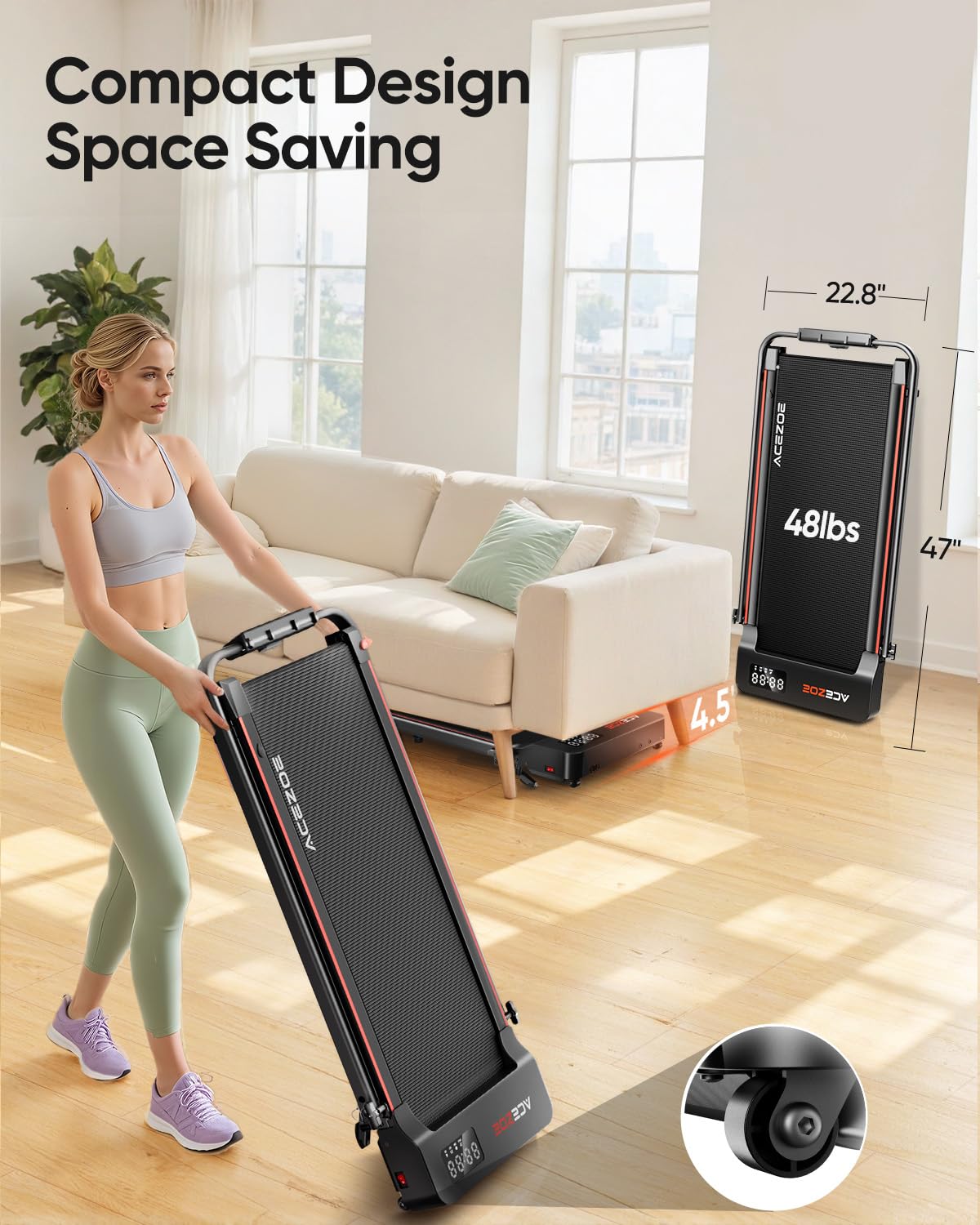 Acezoe Walking Pad with 3-Level 10% Incline, Foldable Treadmill for Home Small Office, Compact Portable Under Desk Treadmill with Handle,Dual LED Display, APP & Remote, 300 lbs Capacity