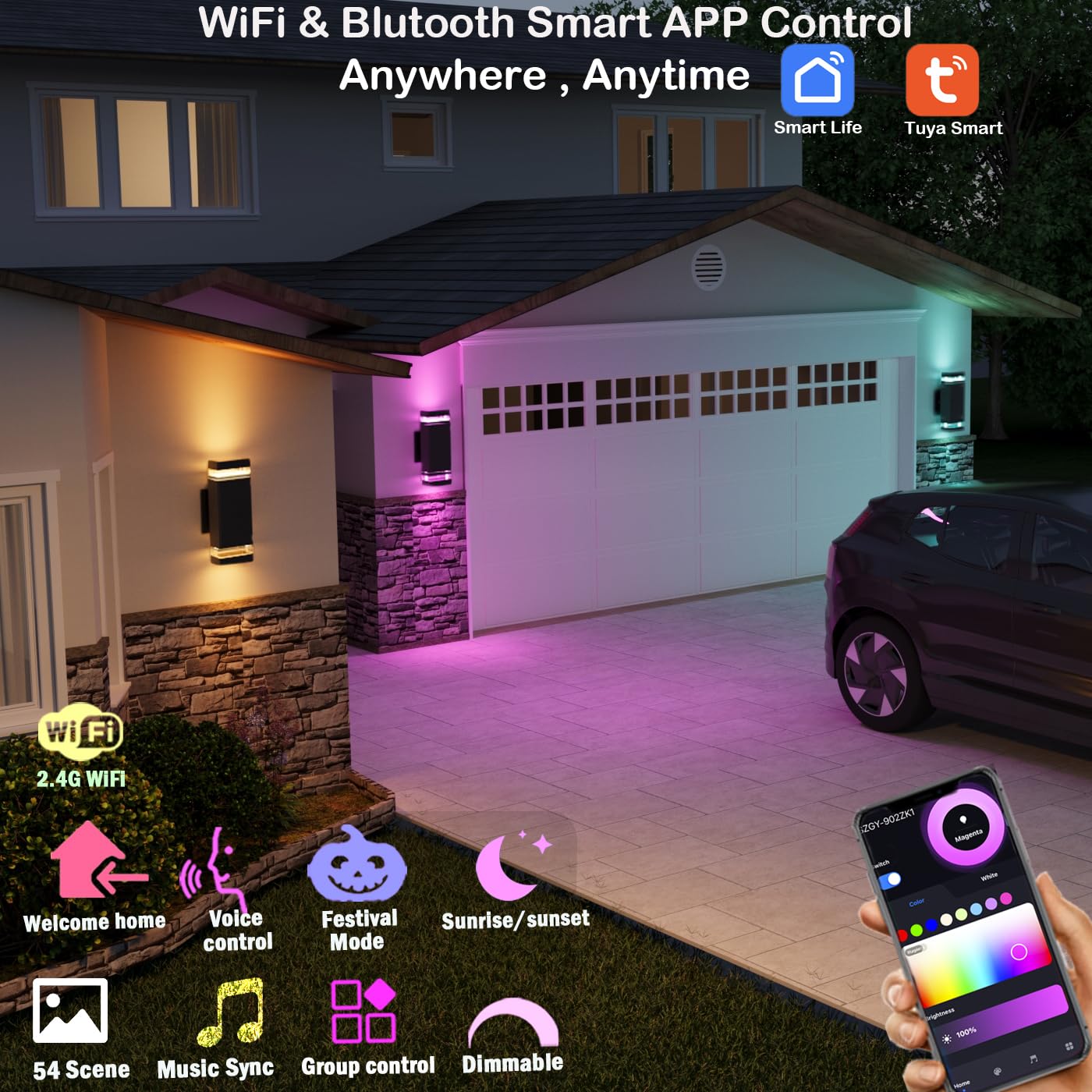 rosykite Mi.Light RF Remote Control RGB Colour Changing Lighting LED Double Up and Down Outdoor Wall Light,White Temperature 2700k- 6500k RGB+CCT Exterior Wall Lighting (3 Pack)