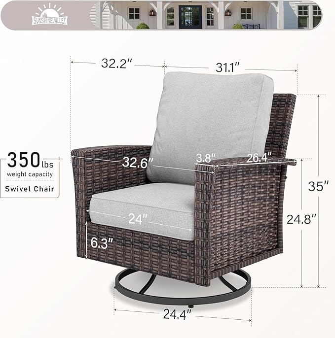 SUNSHINE VALLEY Patio Wicker Swivel Chairs Set of 2, Outdoor High Back Chairs with 5.5" Waterproof Cushions, Outdoor Furniture Set for Deck Porch and Yard, Peacock Blue