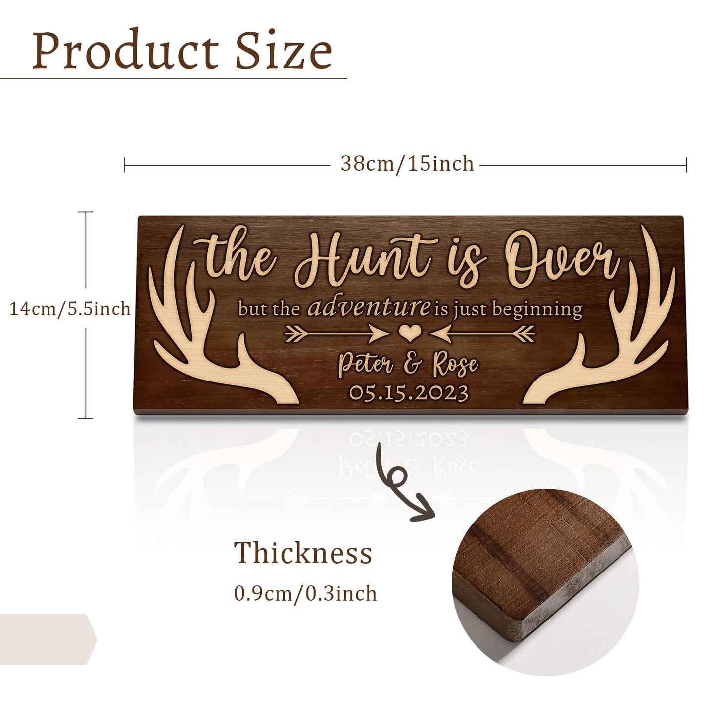Bemaystar Personalized Name Deer Antlers Wedding Gift-Custom Date/Name Wooden Signs, The Hunt is Over,For Unique Anniversary Keepsakes, Wedding Gifts For Couple, Bridal Shower Gifts,15" x 6"
