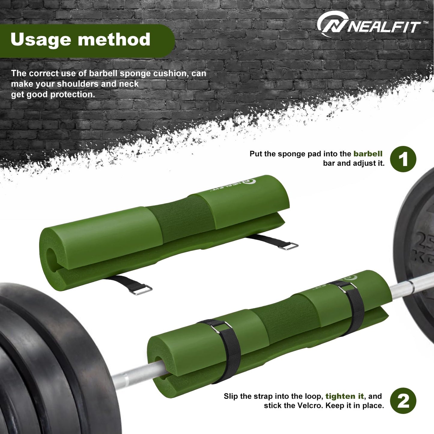NEALFIT Barbell Pad Squat Pad for Squats—Squat Bar Pad—Great for Weightlifting,Lunges and Hip Thrusts—Foam Sponge Pad—Fit Standard and Olympic Bars Perfectly (Army Green)