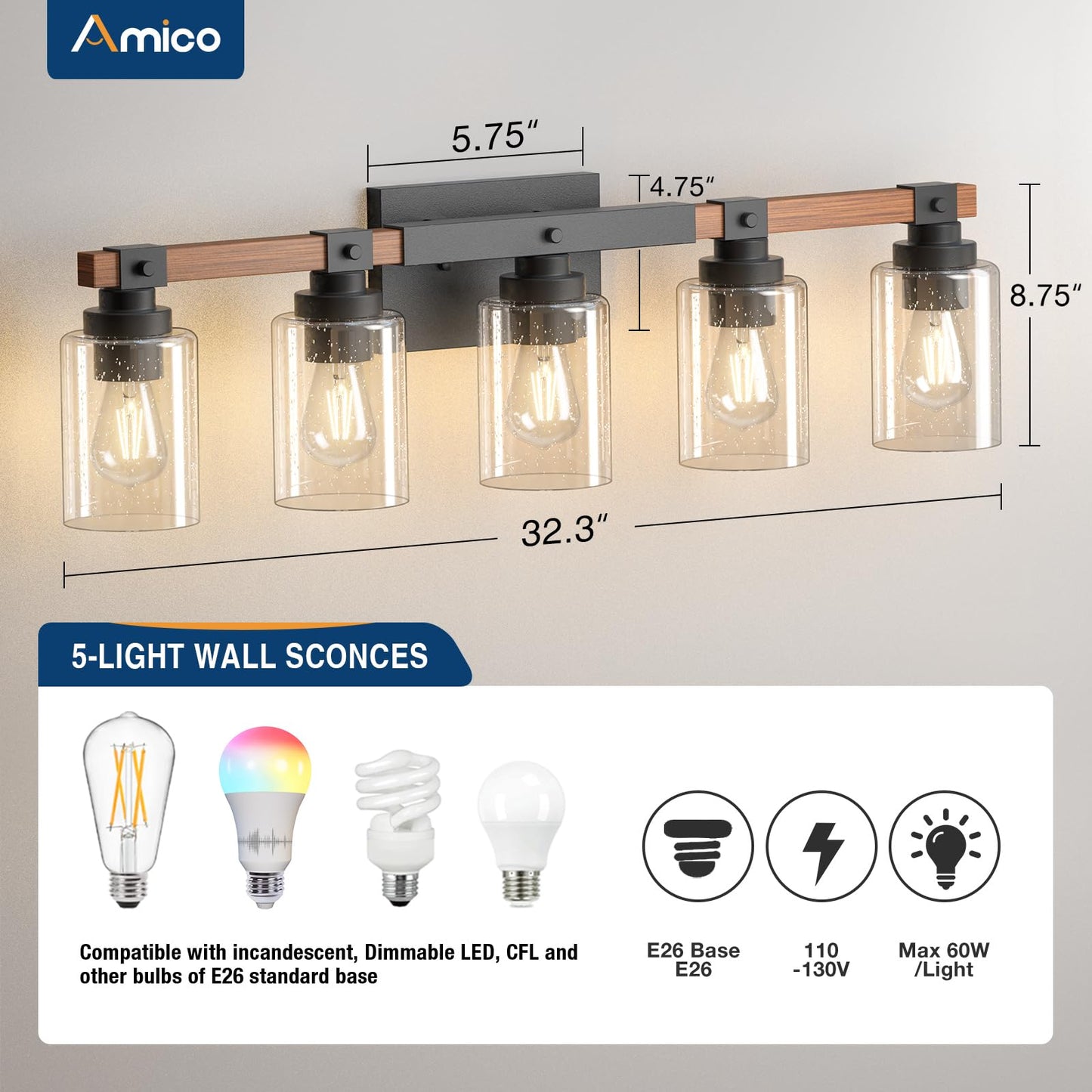 Amico Farmhouse Vanity Light Fixtures, Rustic 5-Light Industrial Painted Wood Lights for Bathroom, Vintage Black Wall Sconces with Bubble Glass Shade