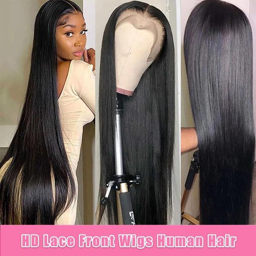 QWedafy Straight Lace Front Human Hair Wig Pre Plucked 200 Density Glueless Natural Black Straight Wig Human Hair 13x4 HD Lace Frontal Wigs for Women (24 Inch)