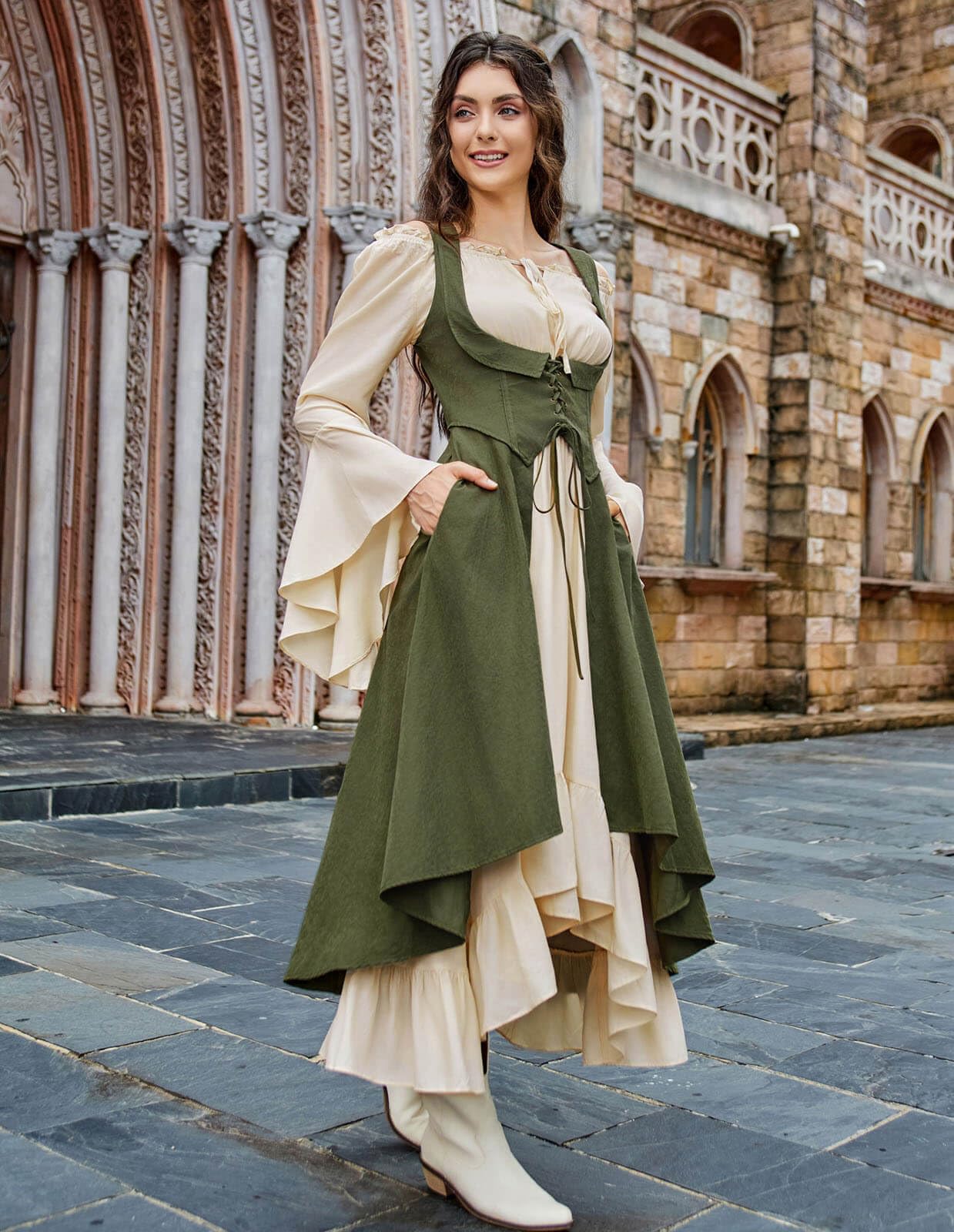 Scarlet Darkness Women Renaissance Costume Pirate Overdress Medieval Underbust Dress Army Green XXL