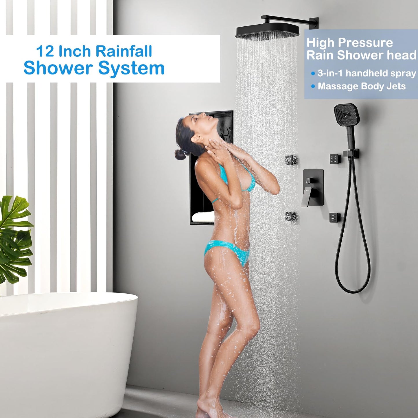 DINIERA 12" Rain Shower System with 4 Massage Body Jets,Shower Faucet Set Luxury Shower Head System with 3-in-1 Handheld,Wall Mounted Shower System Set with Valve and Trim Kit,Matte Black