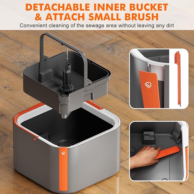 Upgraded Self-Standing Spin Mop and Bucket System, Detachable Inner Mop Bucket Separates Dirty Water & 90° Foldable Head, Triple-Scrub System, 0.9Gal Dual Drainage, for Hardwood Floors (Gray 2 Pads)