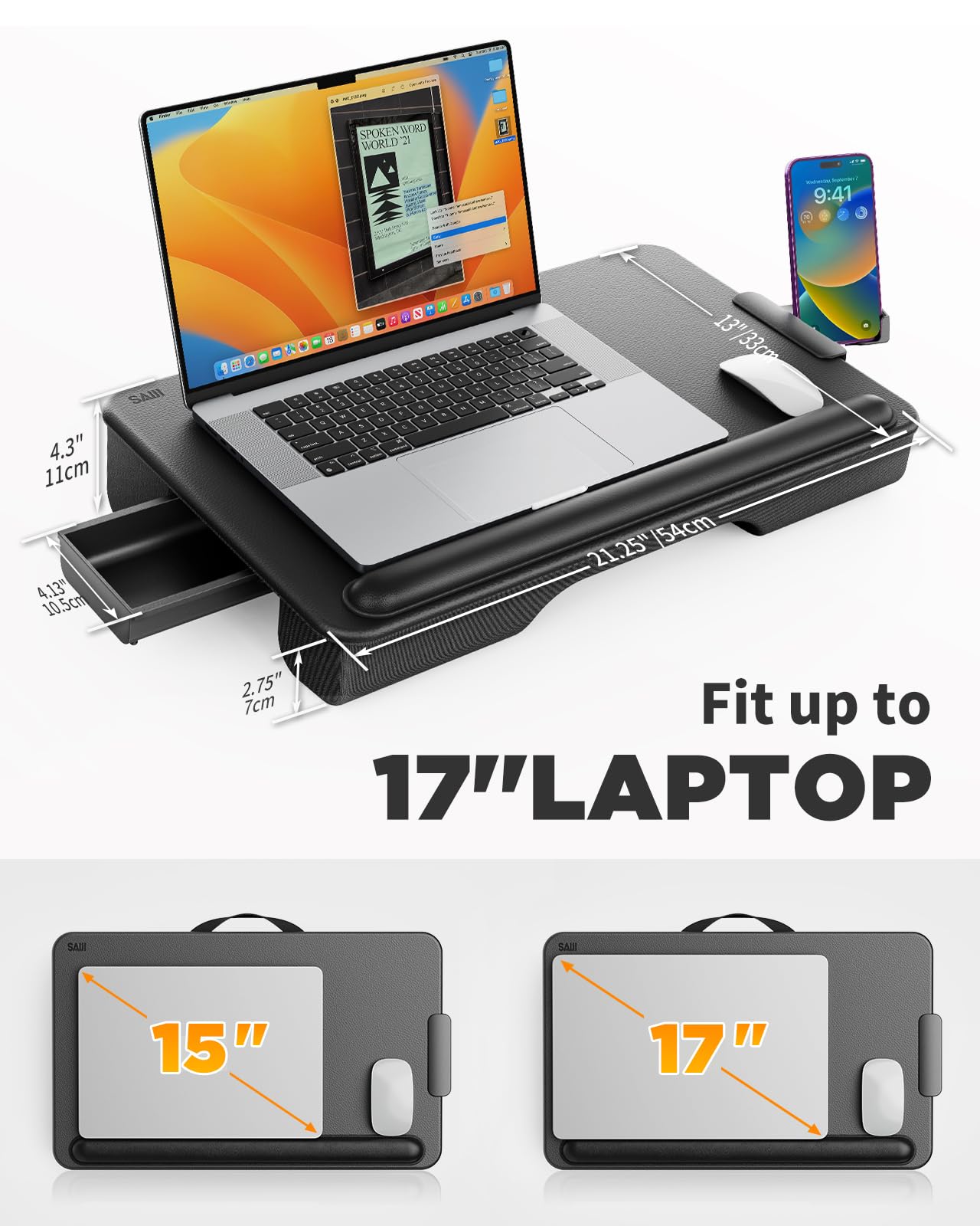 SAIJI Laptop Lap Desk, Portable Laptop Desk for Bed - Fits Up to 17" Laptops & MacBook,Lightweight Lap Tray Table with Storage Drawer, Lap Desk with Cushion, Lap Stand for Bed & Couch