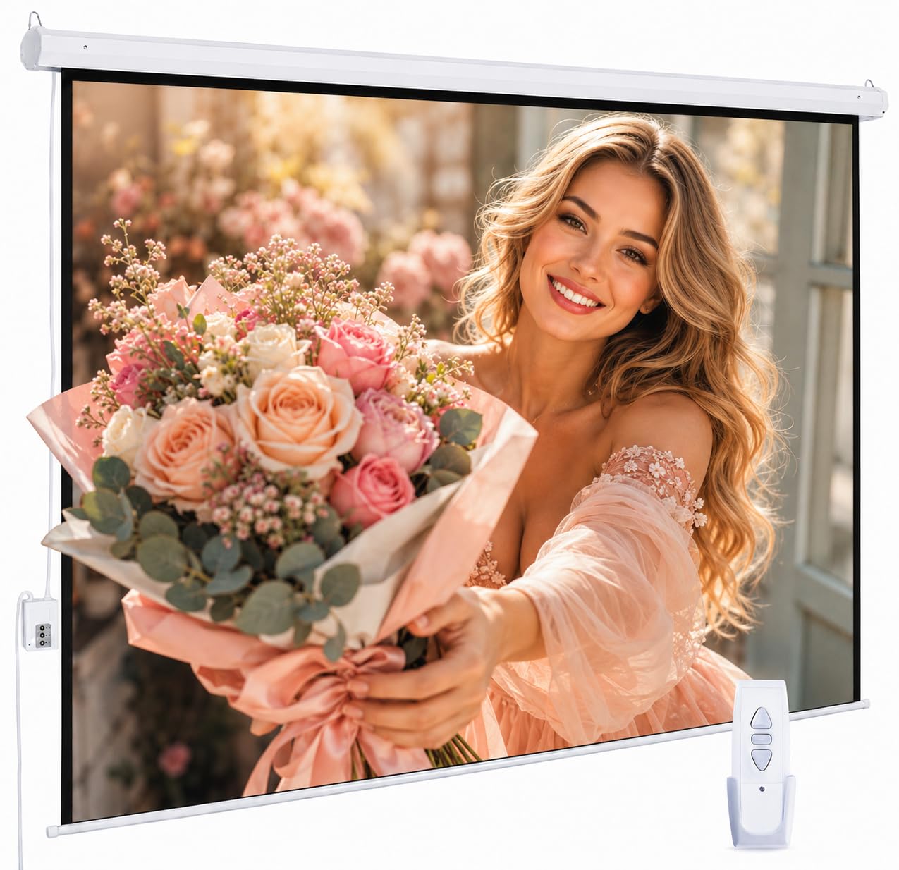 120" Motorized Projector Screen, Electric 16:9 Projector Screen with Remote Control, Indoor/Outdoor HD Movie Screen, Wall/Ceiling Mounted, Perfect for Home Office Theater TV, White