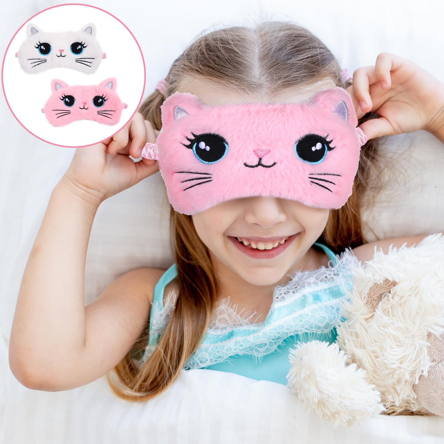 Kids Sleep Mask, 2 Pcs Cute Cat Sleeping Eye Mask Soft Plush Girls Sleep Masks Comfortable Funny Animal Night Eye Masks for Sleeping Blindfold Eye-Cover for Women Girls Home Travel (Pink, White)