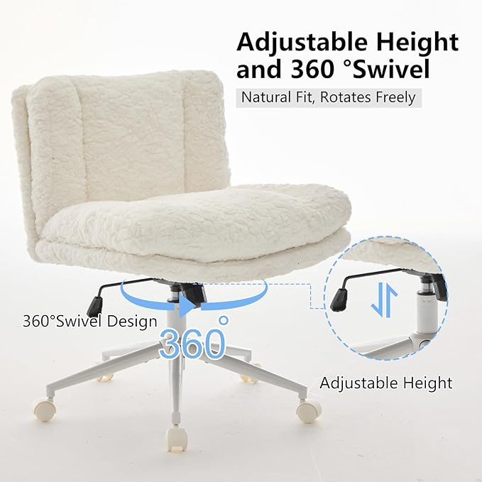 Cross Legged Office Chair with Wheels, Comfy Armless Office Chair with Extra-Deep Seat & 2-Layer Cushions, Adjustable Height, Tilt-Back Swivel Faux Fur Vanity Chair for Home Office, Cream