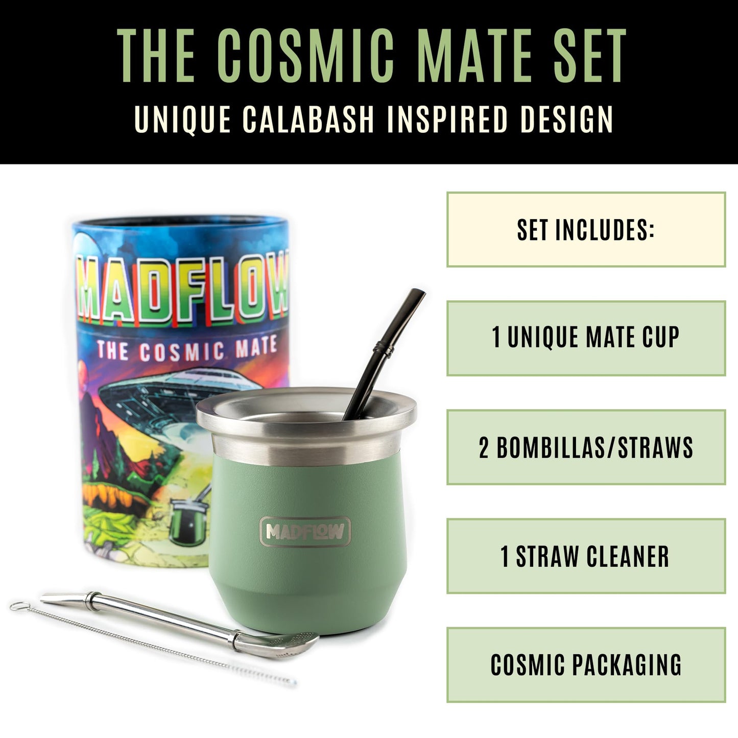 MADFLOW Yerba Mate Cup. Stainless Steel Mate Cup with 2 Bombillas. Double Wall Vacuum Insulated Yerba Mate Gourd. Unique Gourd And Bombilla Set