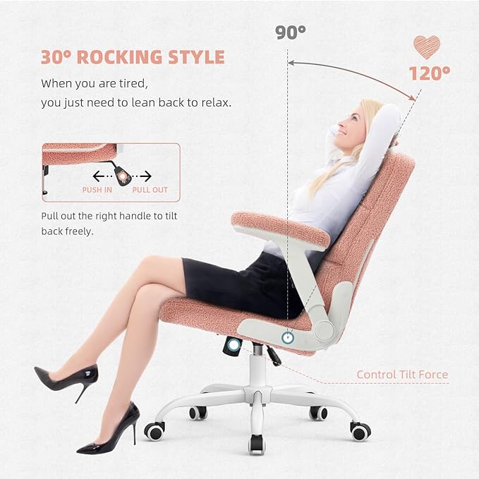 SEATZONE Pink Office Chair Ergonomic Computer Desk Chair with Wheels,Faux Fur Comfy Office Chair for Women and Girls,Teddy Fleece Material