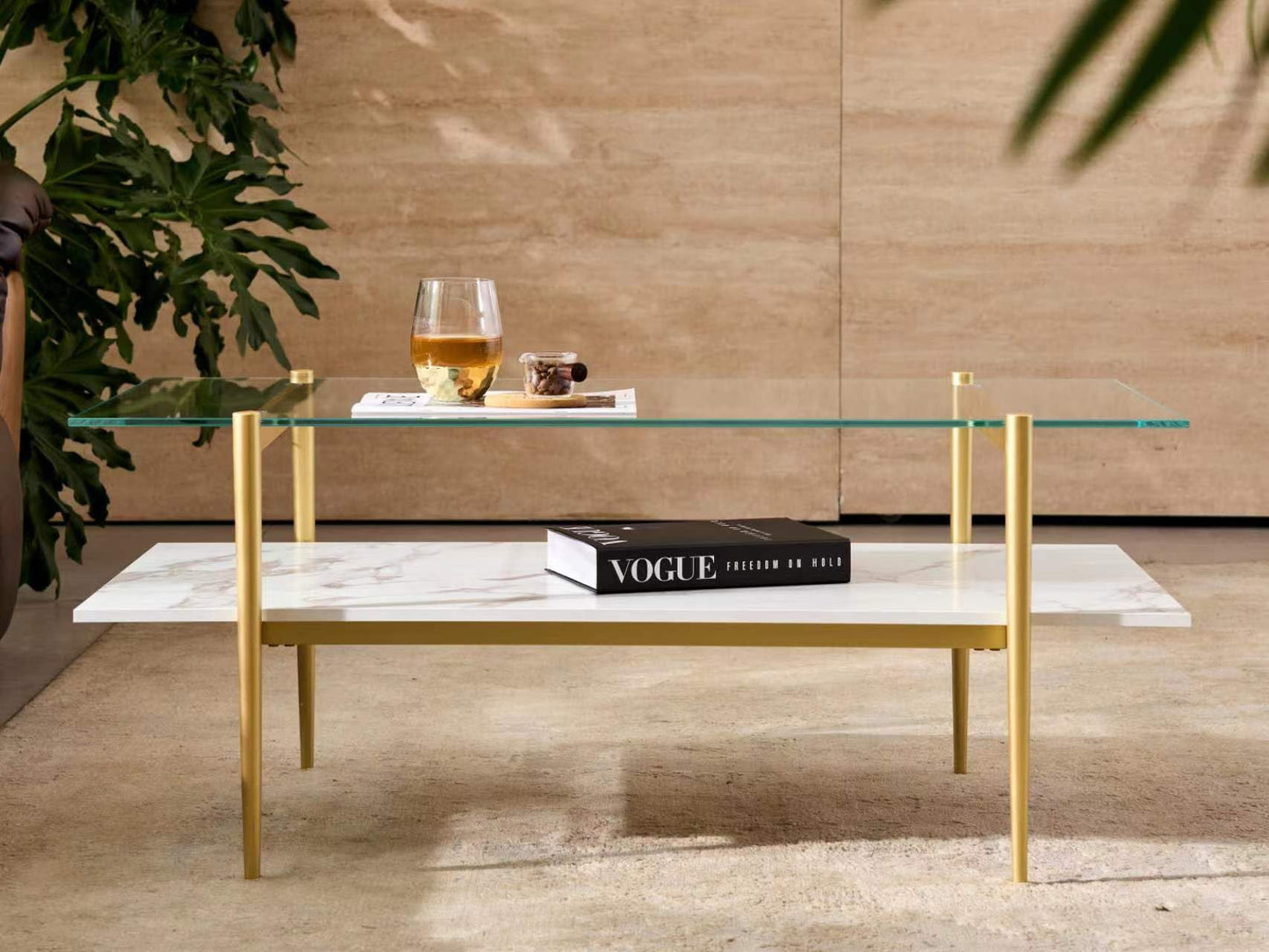 Shrine Rectangle Coffee Table, Mid-Century Modern Design, 2-Tier Structure, Clear Glass Top and White MDF Shelf, 41" D x 21" W x 17" H, Sleek Conical Metal Legs with Gold Finish