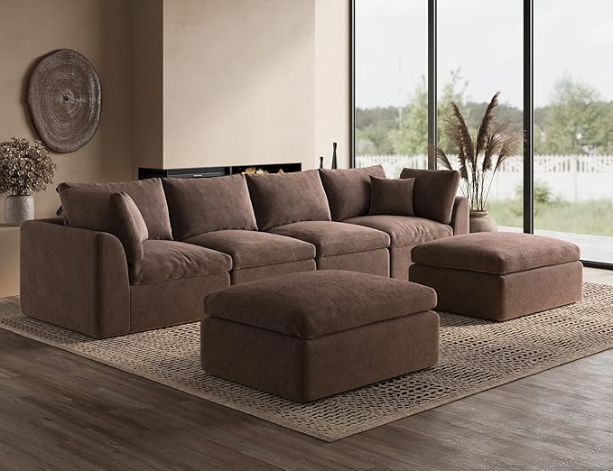 ohllob Oversized Cloud Sectional Couches for Living Room, Boneless U Shaped Couch with Ottoman, 4 Seater Modular Sectional Sofa, Brown