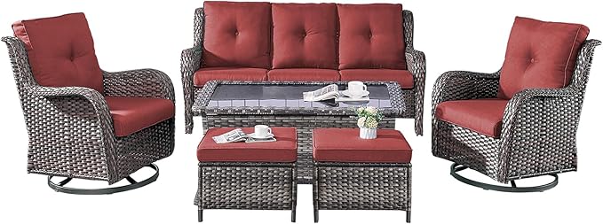 Rilyson Wicker Patio Furniture Set - 6 Piece Rattan Outdoor Sectional Conversation Sets with 2 Rocking Chair,2 Ottoman,1 Sofa and 1 Coffee Table for Porch Deck Garden(Mixed Grey/Red)