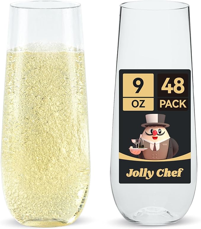 JOLLY CHEF 48 Pack Stemless Plastic Champagne Flutes 9 oz, Crystal Clear Stemless Plastic Toasting Glasses, Clear Disposab...