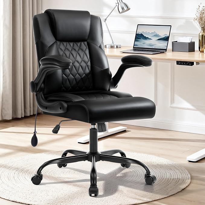 Office Chair with Adjustable Inflatable Lumbar Support,Leather Ergonomic Computer Desk Chair with Flip-up Arms,Adjustable Tilt Lock,Swivel Rolling Executive PC Chair for Work,Study,Meeting.Black