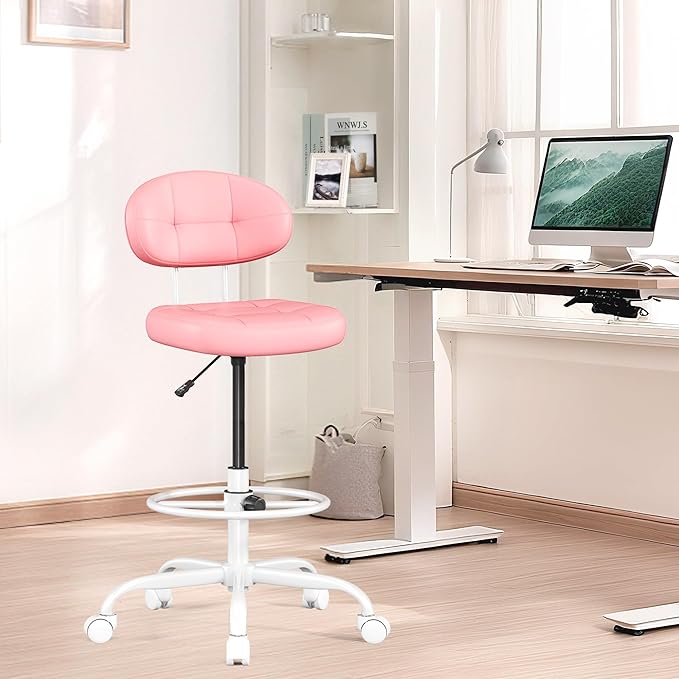Misolant Drafting Chair, Armless Tall Office Chair with Footrest Ring for Standing Desk, Small Faux Leather Executive Computer Chair with Adjustable Height for Bar Lab Counter Height Desk, Pink