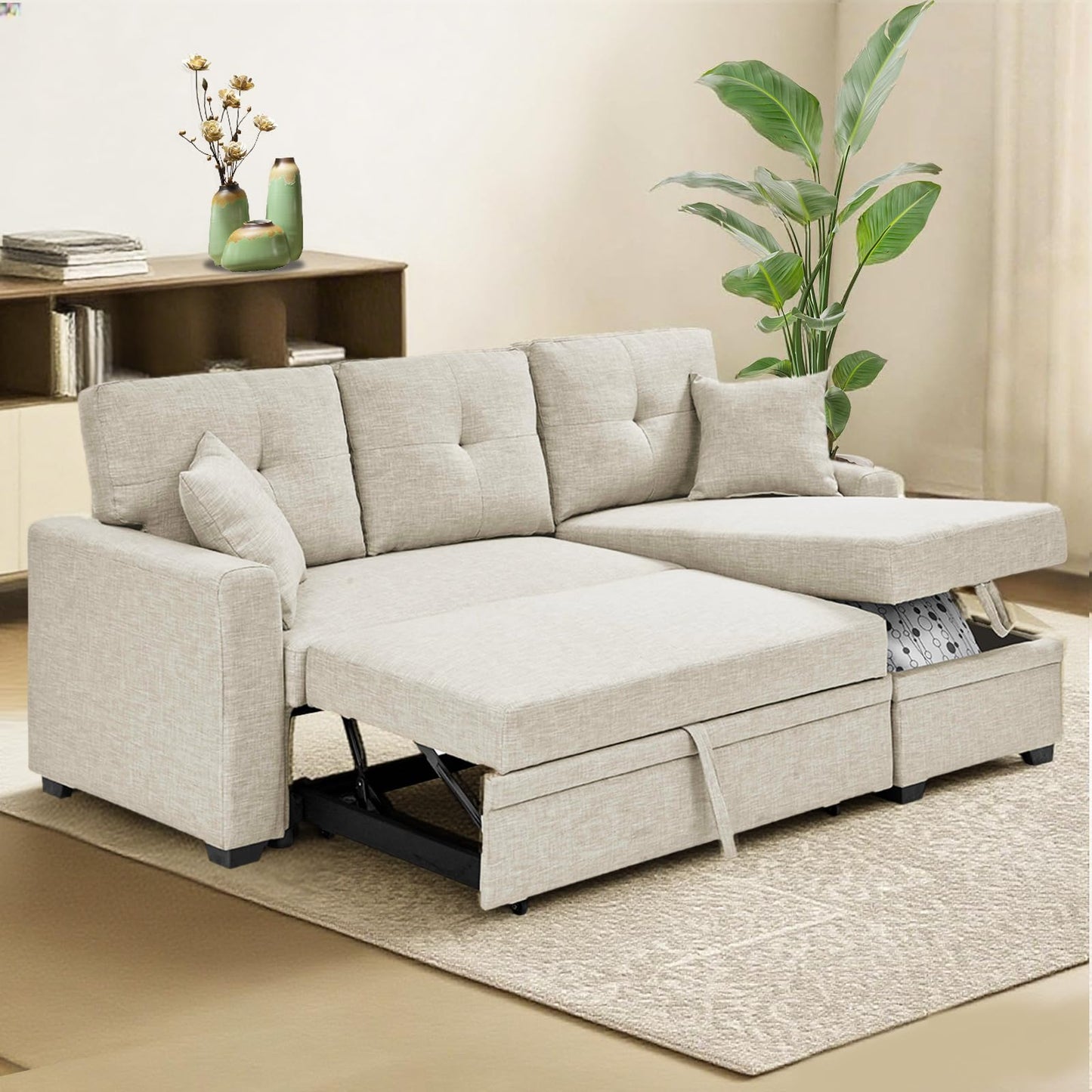 Nicbex Convertible Sofa Bed Couch with Storage Chaise,Upholstered Sleeper Sofa with Pull-Out Bed,Pull Out Couch,Sectional Couches for Living Room Beige
