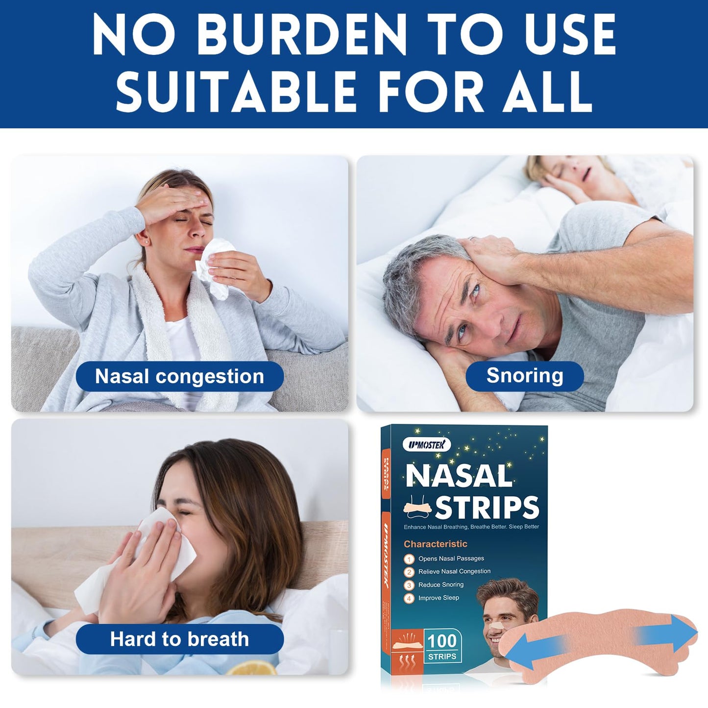 100Pcs Nasal Strips for Snoring, Extra Strength Nose Strips Breathing, Nose Tape for Sports and Sleep, Anti Snoring Strips Help Stop Snoring and Nasal Congestion Relief