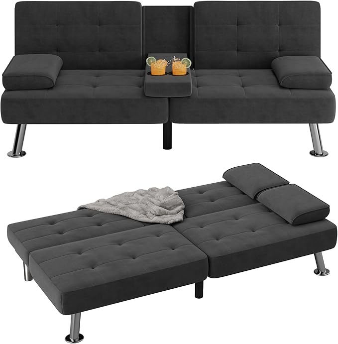 Flamaker Futon Sofa Bed Modern Folding Futon Set Linen Fabric Convertible Recliner Lounge for Living Room with 2 Cup Holders, Removable Armrests (Fabric, Black)