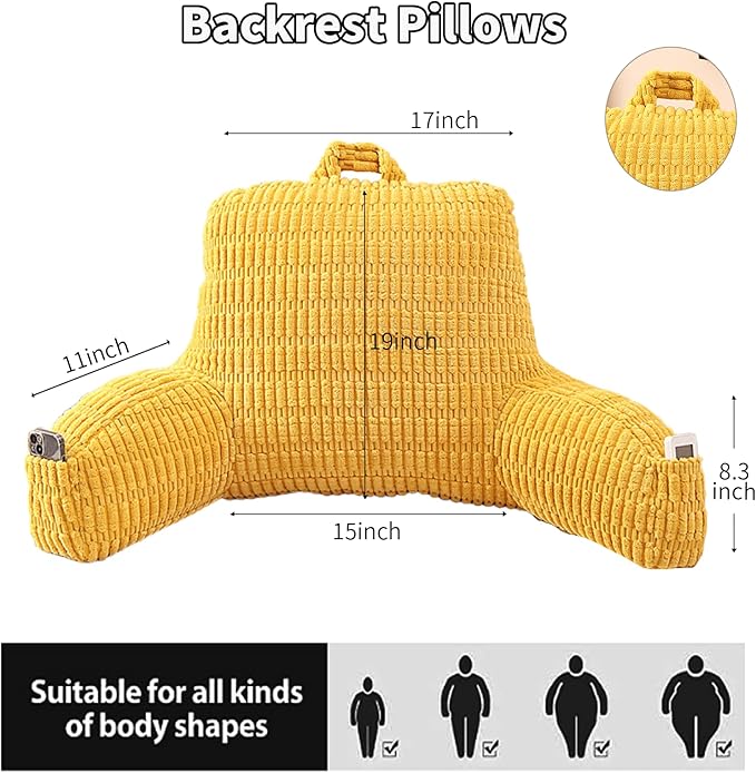 PAJEO Reading Pillow for Sitting in Bed, Large Backrest Reading Pillow with Arm Rest,Back-Rest Support Cushion for Sit Up on Couch, Sofa, and Floor, Dorm Essentials (Yellow Corduroy, Large(19"))