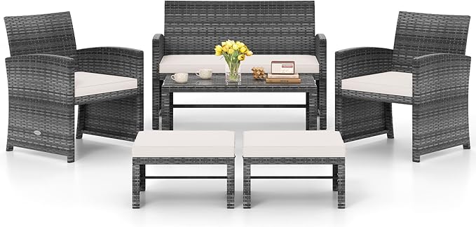 Tangkula 6 Pieces Patio Furniture Set, Outdoor Rattan Conversation Chairs Set with 1 Loveseat, 1 Coffee Table, 2 Armchairs and 2 Ottomans for Garden, Deck, Backyard and Poolside (Off White)