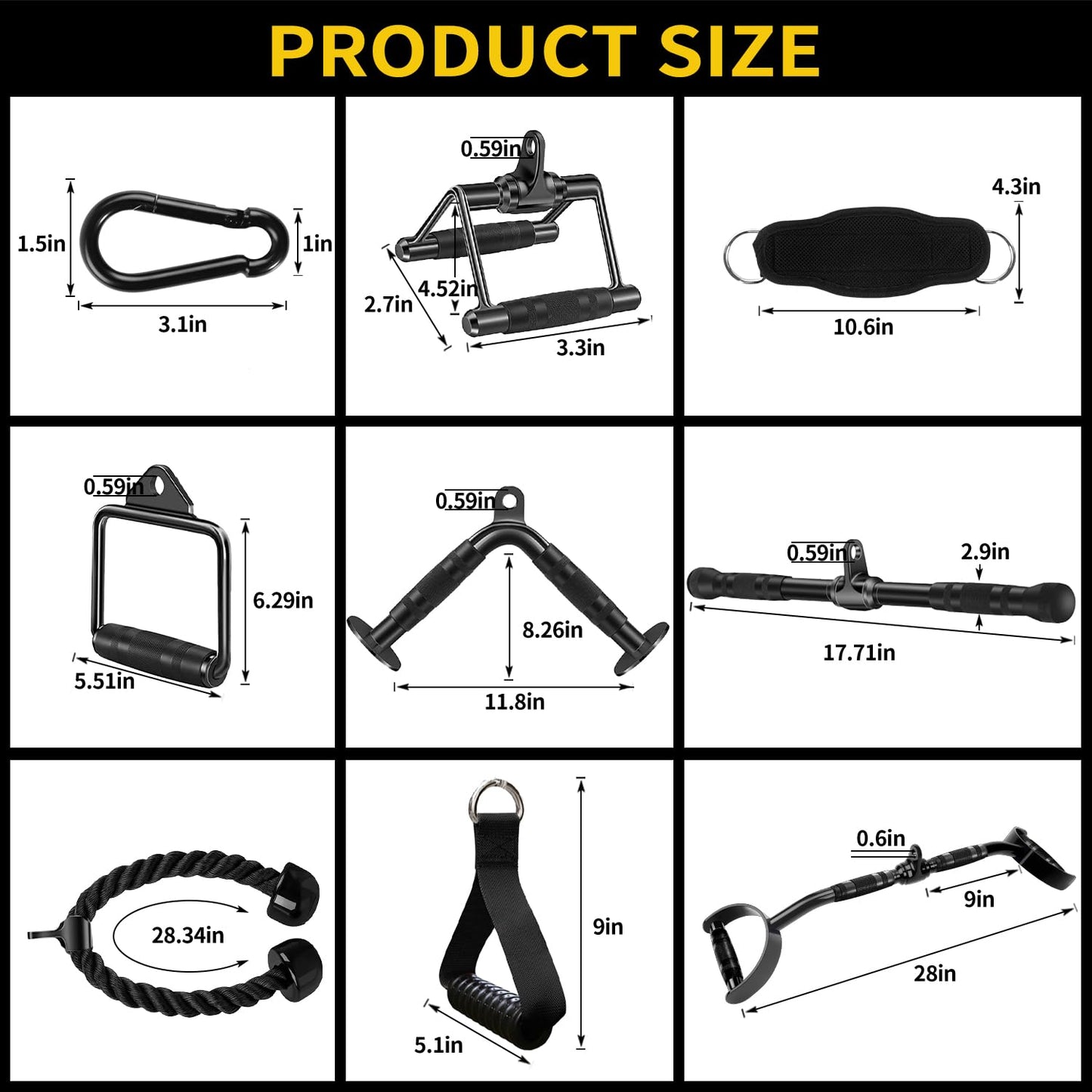 WNOEY 21 PCS Cable Attachments for Gym Set with Wide Grip LAT Pull Down Bar, LAT Pulldown Attachments, Cable Machine Attachment, Tricep Pull Down Attachment, Home Gym Accessories, Black
