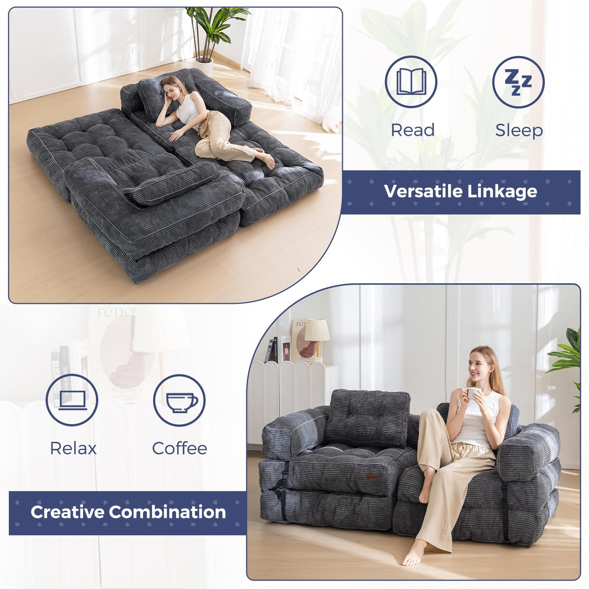 MAXYOYO Folding Sofa Bed, L-Shaped Convertible Sofa Bed with Armrest Foldable Sleeper Sofa with Pillow, Portable Fold Out Chair Bed Comfy Floor Lounge for Living Room Bedroom, Dark Grey