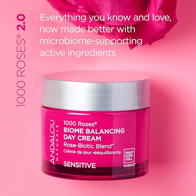 Andalou Naturals 1000 Roses Skin Biome Balancing Day Cream - Lightweight Face Moisturizer with Alpine Rose Stem Cells, Postbiotics - Soothing Hydration for Sensitive Skin - 1.7 Oz