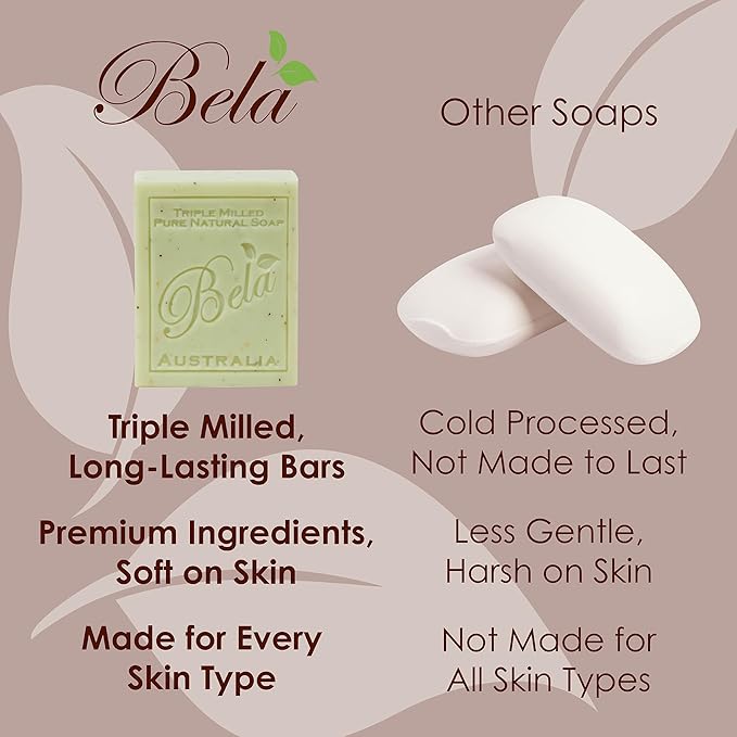 BELA Evening Jasmine Soap 3.3 OZ Pack of 6, Long Lasting French Triple Milled Bar Soap with Organic Shea Butter, Hand, Face and Body Wash Bar, Made in Australia