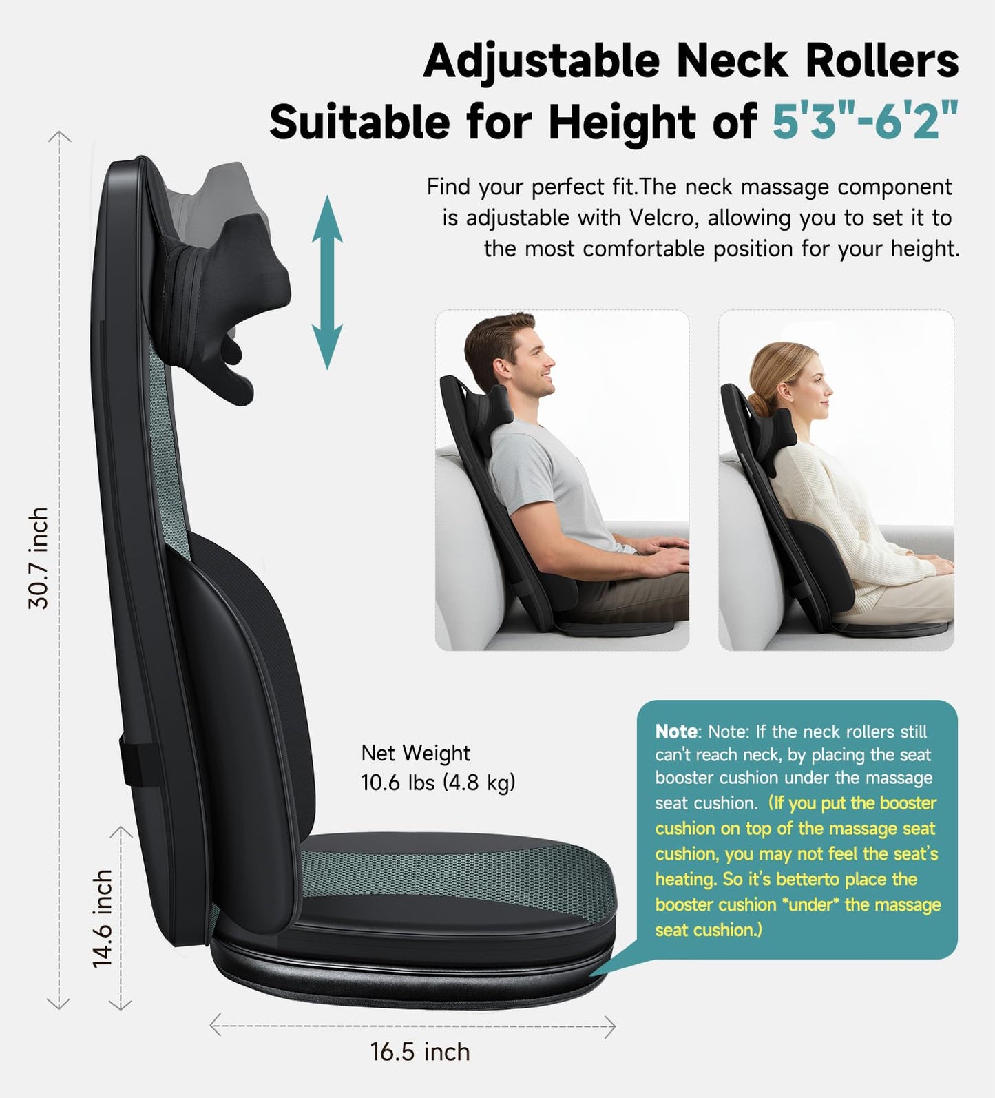 Back and Neck Massager for Chair with Heat, Shiatsu Shoulder Massage Seat Cushion with Finger-Grip Neck Kneading, Full Back Deep Tissue Rolling, Seat Pad, Adjustable Height, Office & Home Use, Black