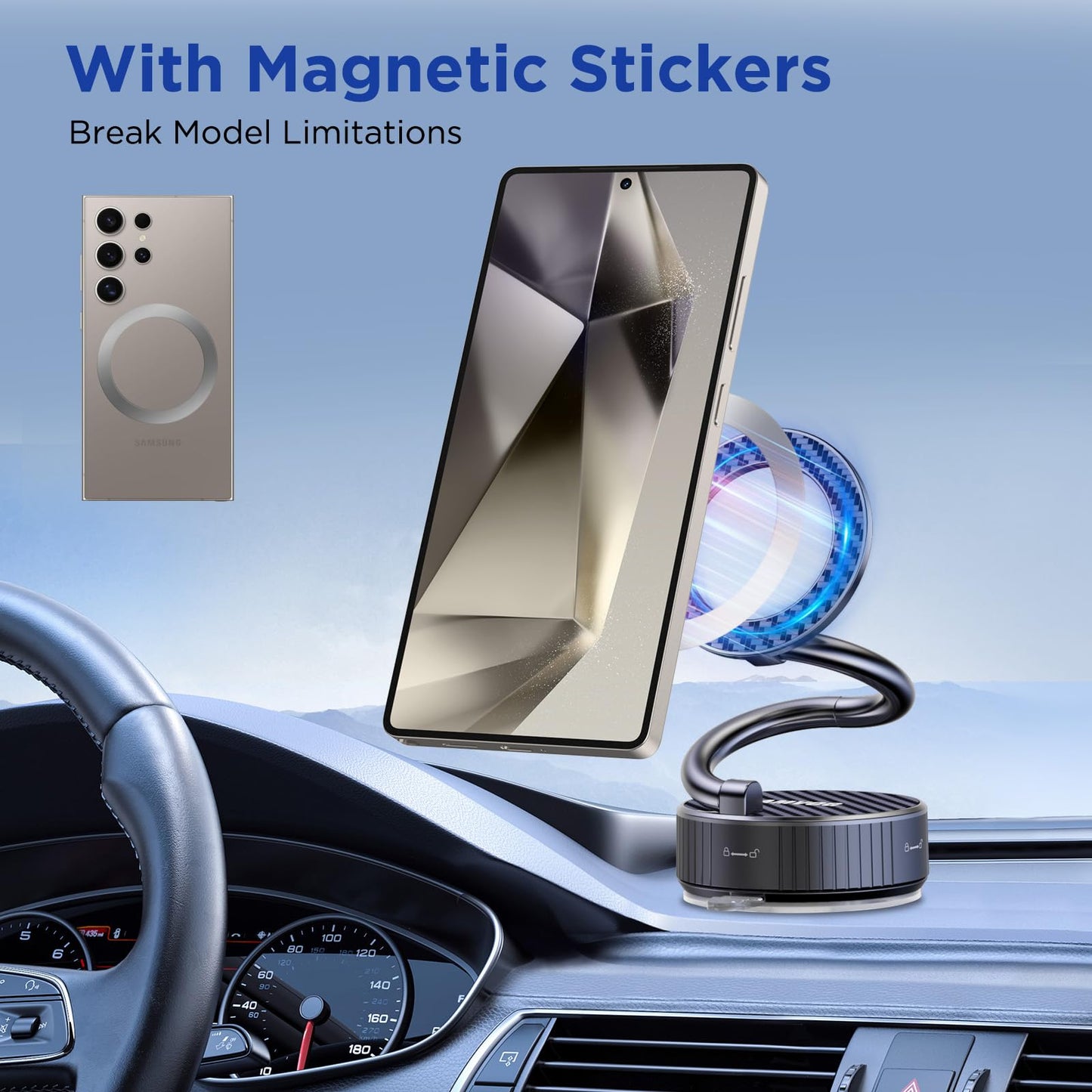 Amvog Car Phone Holder For Magsafe - Zinc Alloy Magnetic Phone Mount, 360 Adjustable, N55 Super Strong Suction Cup, Portable Fol