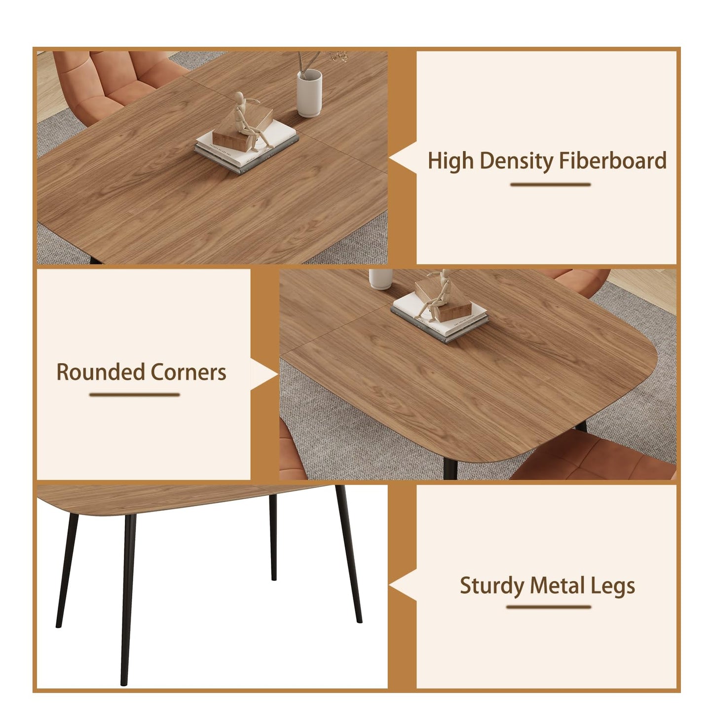 HIPIHOM 47.2'' Dining Table Set for 4,Modern Wood Dining Table,Leather Dining Chairs 4,Table and Chairs Set of 4,Ideal for Kitchen Dining Room (Walnut Color Table + 4 Brown Chairs, 47.2")