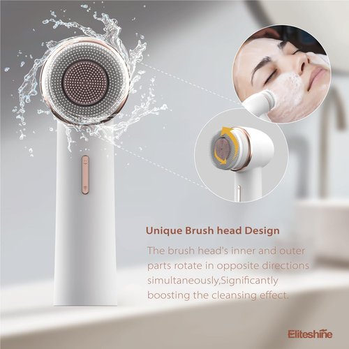 Eliteshine 1 White Electric Facial Cleansing Brush Plus with 2 Original Replacement Heads Bundle
