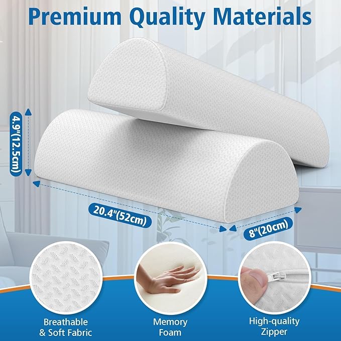 Knee Pillow for Side Sleepers, Half Moon Memory Foam Bolster Pillow for Legs, Ergonomic Design Wedge Elevation Pillow for Side & Back Sleeping, Under Knee Support, Foot, Ankle, Lumbar, White - 2 Pack