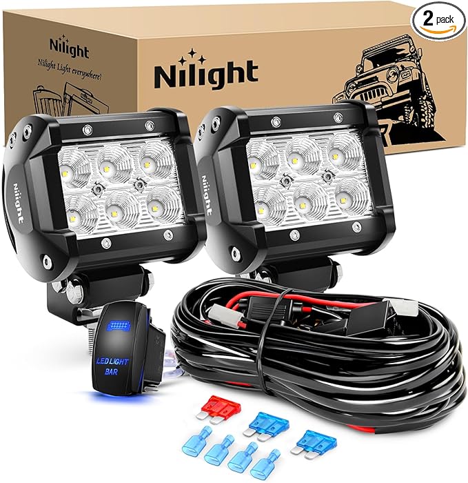Nilight 4 Inch LED Light Pods 2PCS 18W Flood Fog Light Bar with 12V 5Pin Rocker Switch TE Connector Wiring Harness Kit-2 L...