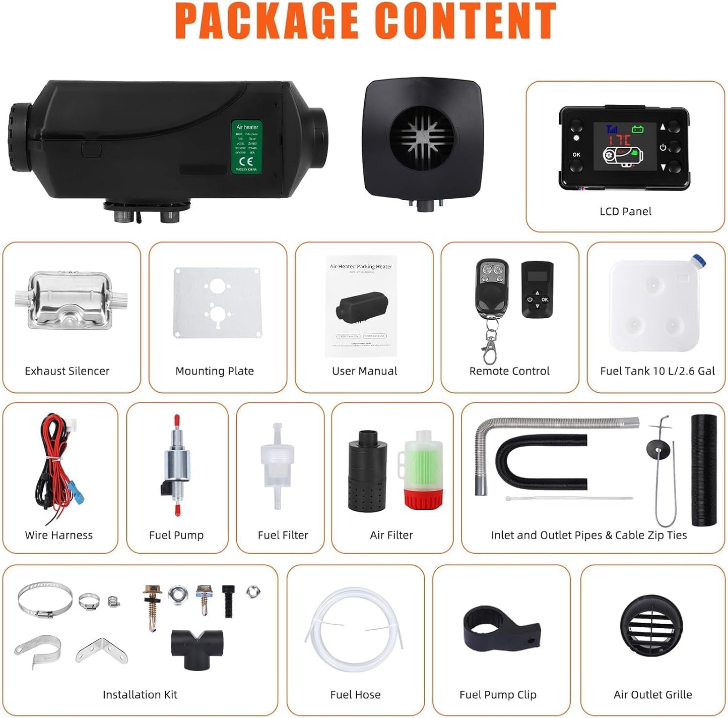 KIMORE 12V 8KW Diesel Air Heater,With Muffler No-Punching 9L, Portable Diesel Heater With Knob Switch Tank，Remote Control and Lcd Display Diesel Heater for Car Rv Trailer Van Boat