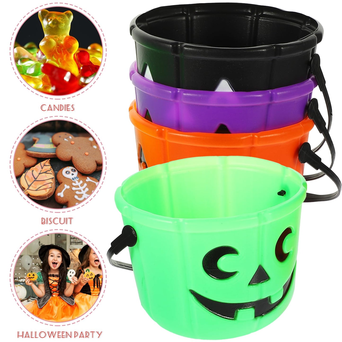 LUOZZY 4pcs Halloween Pumpkin Bucket with Handle Trick-or-Treat Bucket Halloween Party Candy Bucket Classic Pumpkin Shaped Bucket